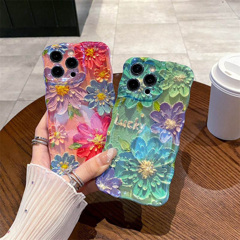 Phone Cases Blue - 레트로 블루 라이트 유화 꽃무늬 웨이브
