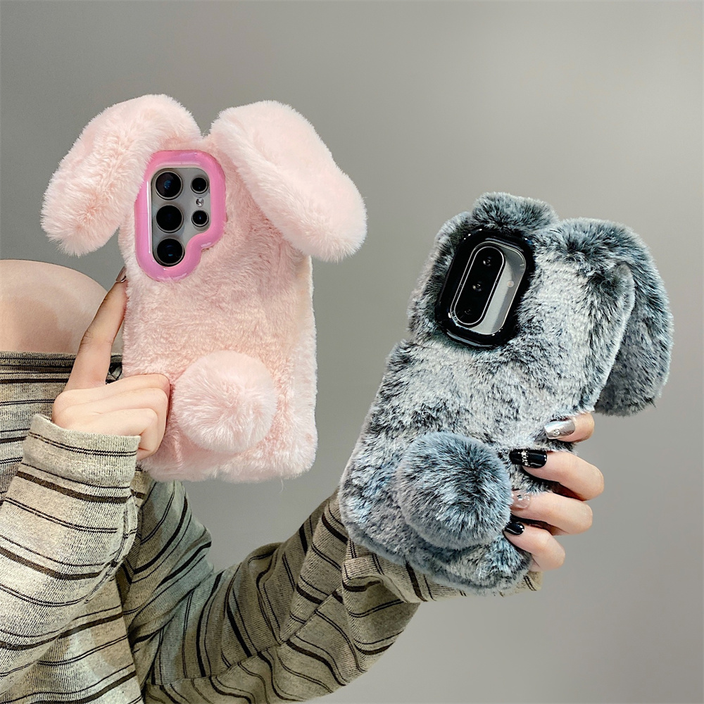 Phone Cases Cute - 귀여운 토끼 귀 플러피 스탠드 폰