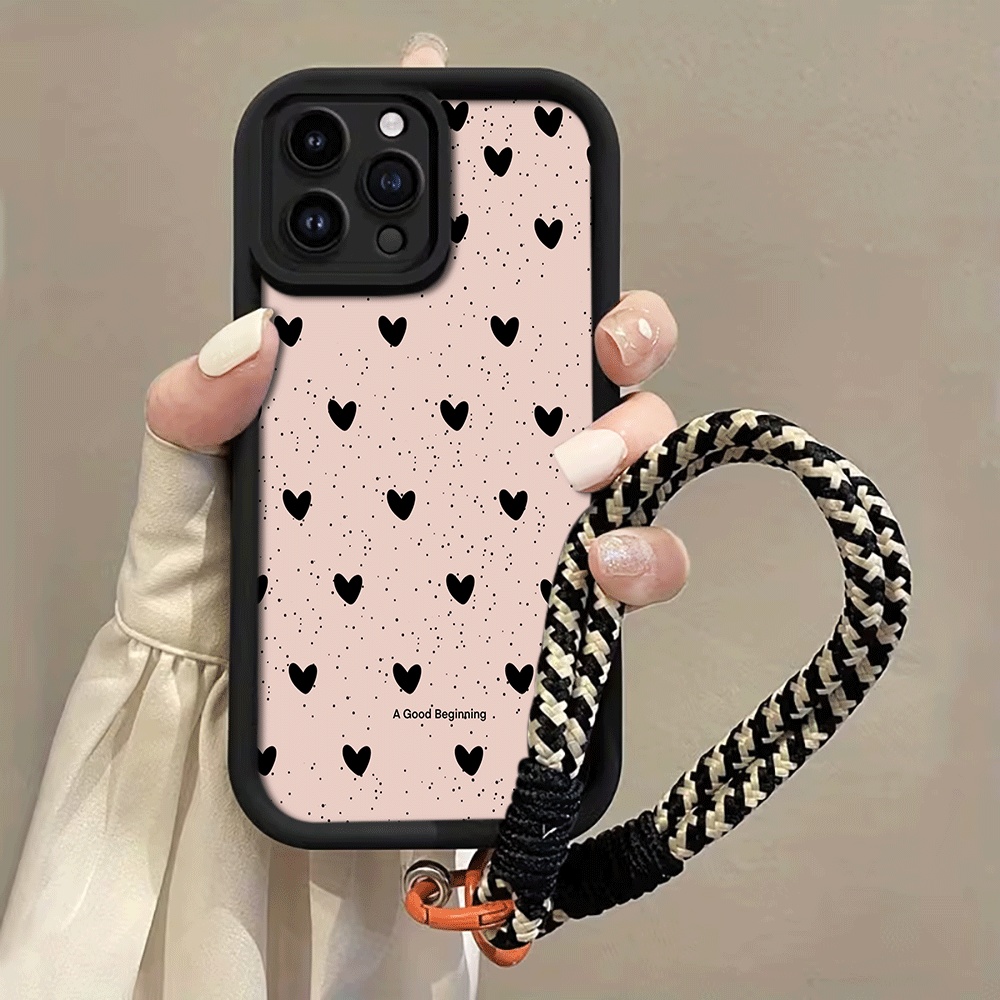 Phone Cases With Loop - 잉크 스플래터 블랙 하트 핸드 스트랩