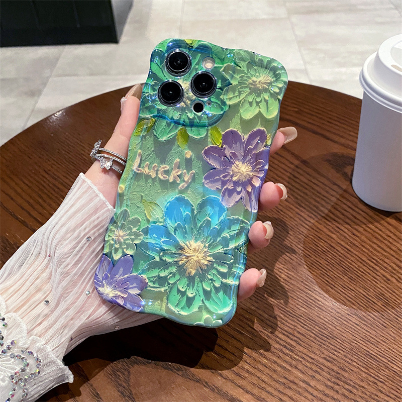 레트로 블루 라이트 유화 꽃무늬 웨이브 실리콘 폰 케이 - Phone Cases Blue 리뷰 및 가격