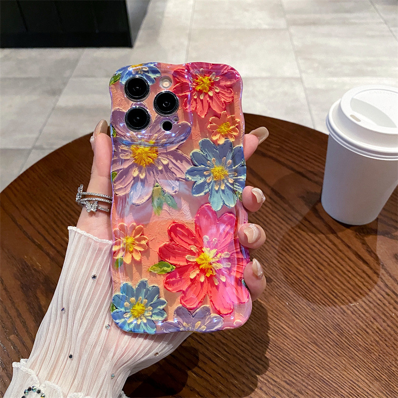 레트로 블루 라이트 유화 꽃무늬 웨이브 실리콘 폰 케이 - Phone Cases Blue 리뷰 및 가격