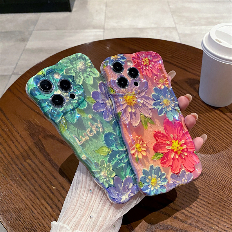 레트로 블루 라이트 유화 꽃무늬 웨이브 실리콘 폰 케이 - Phone Cases Blue 리뷰 및 가격